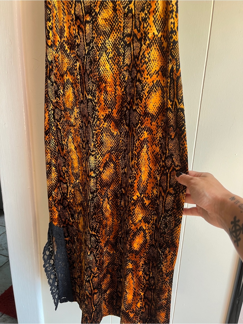 Vintage 1990s Betsy Johnson Snake Print Lace Trim Slip Dress in Yellow-Black - Picture 5 of 8